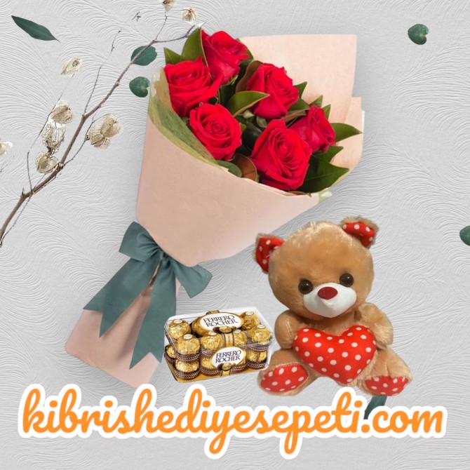 6 Kırmızı Gül Buketi Ayıcık ve Çikolata